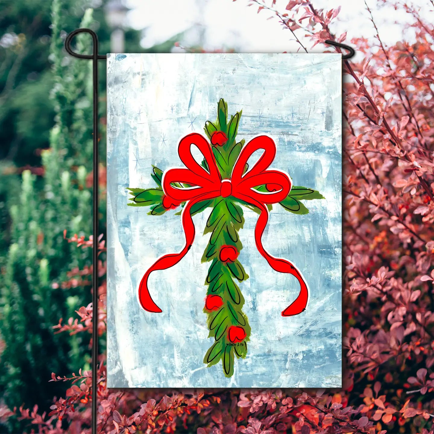 Garden Flag Christmas Berry Cross with Red Bow