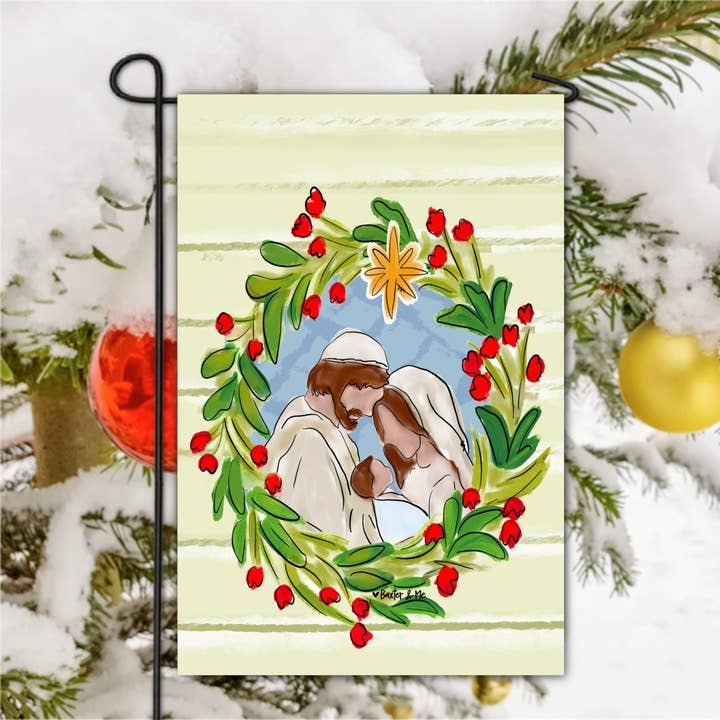 Garden Flag Joseph, Mary, & Jesus Christmas Wreath