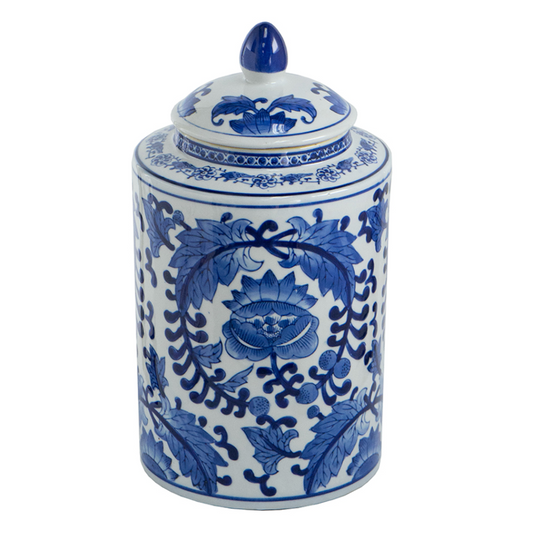 Ginger Jar Lidded Blue & White Tall Round