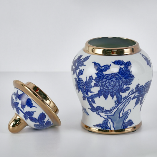 Ginger Jar Blue & White 6" with Gold Trim