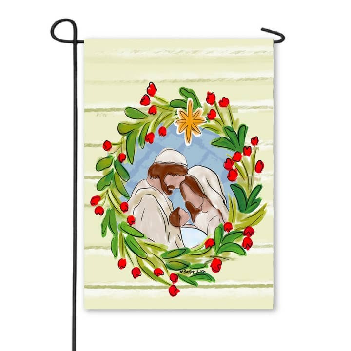 Garden Flag Joseph, Mary, & Jesus Christmas Wreath