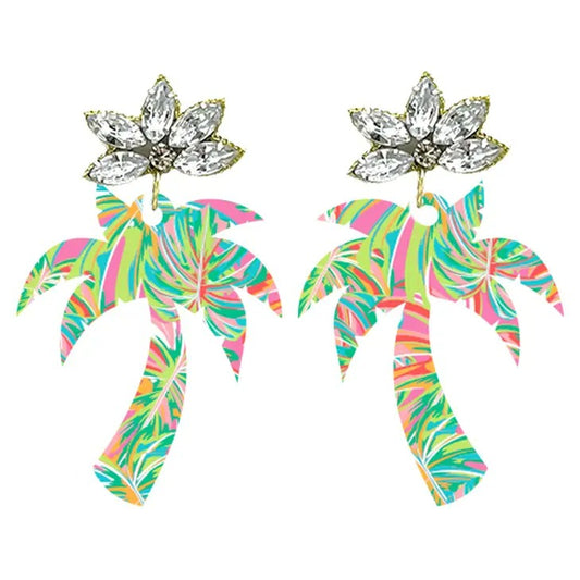 Earrings Palm Crystal Tropical