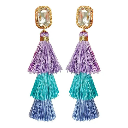 Earrings Drop Tassels with Crystal Purple