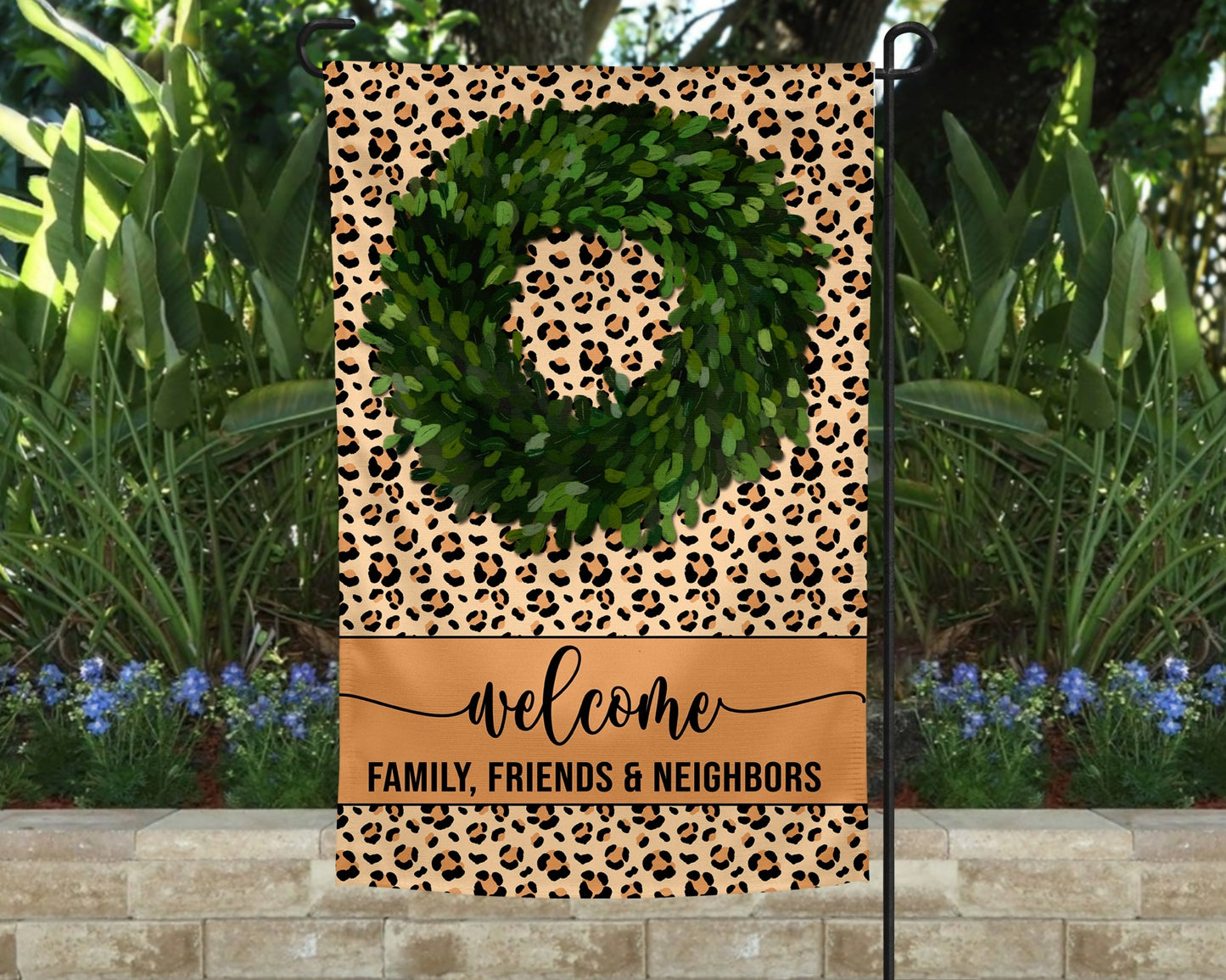 Garden Flag Boxwood Welcome Family, Friends, & Neighbors Leopard