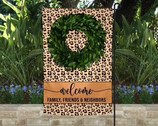 Garden Flag Boxwood Welcome Family, Friends, & Neighbors Leopard