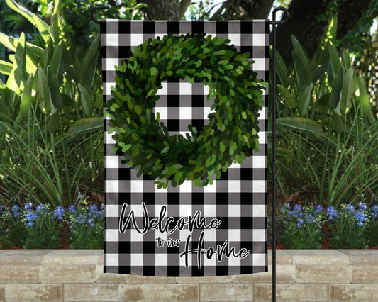 Garden Flag Welcome to our Home Boxwood Black & White