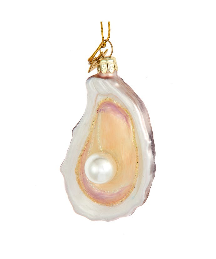 Ornament Glass Oyster Shell With Pearl  3.25“