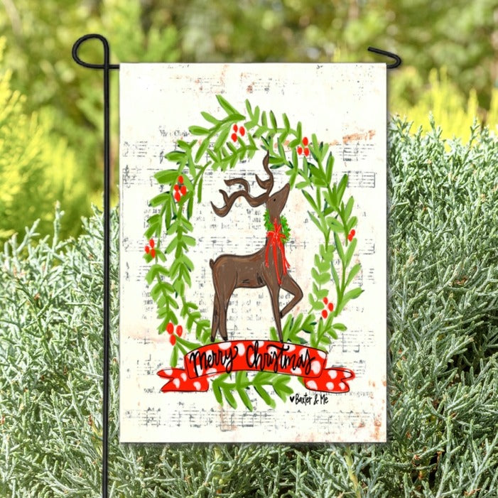 Garden Flag Merry Christmas Deer Wreath