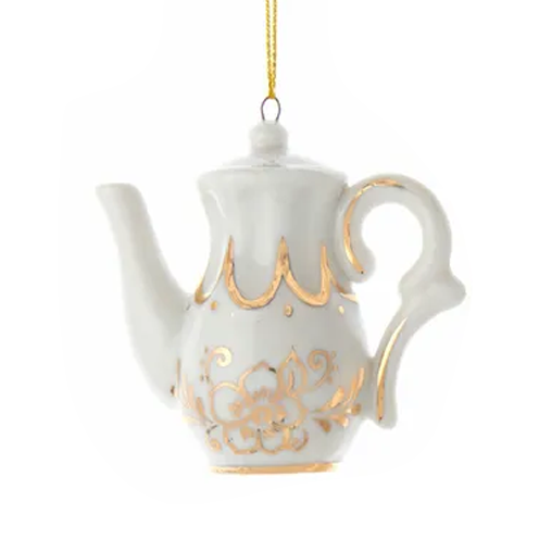 Ornament Jeweled White and Gold Teapot Eve 3"