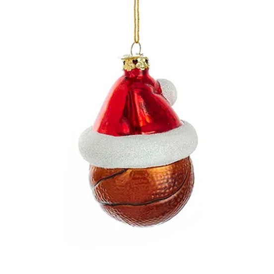 Ornament Glass Sports Ball with Santa Hat Basketball 3"