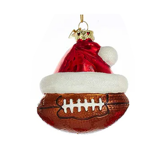 Ornament Glass Sports Ball with Santa Hat Football 3"