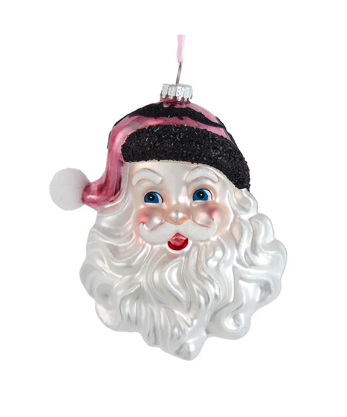 Ornament Glass Santa Head Pink & Black 5.25"