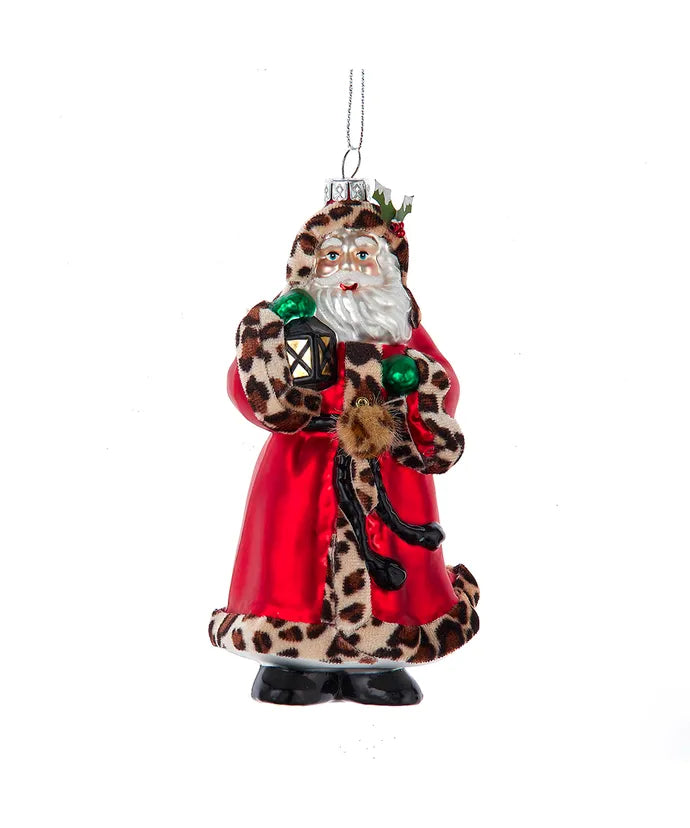 Ornament Glass Santa Holding Lamp With Leopard Trim 6.5"