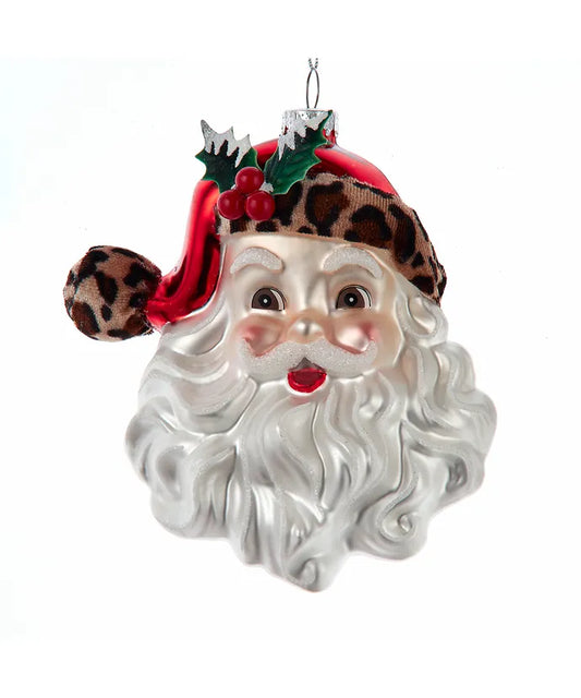 Ornament Glass Santa Head with Leopard Trim 5.5"