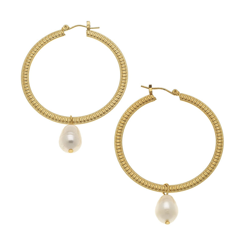 Earrings Hoop Pearl Charm Gold