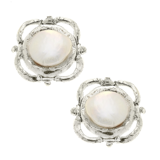 Earrings Stud Pearl Scroll Silver