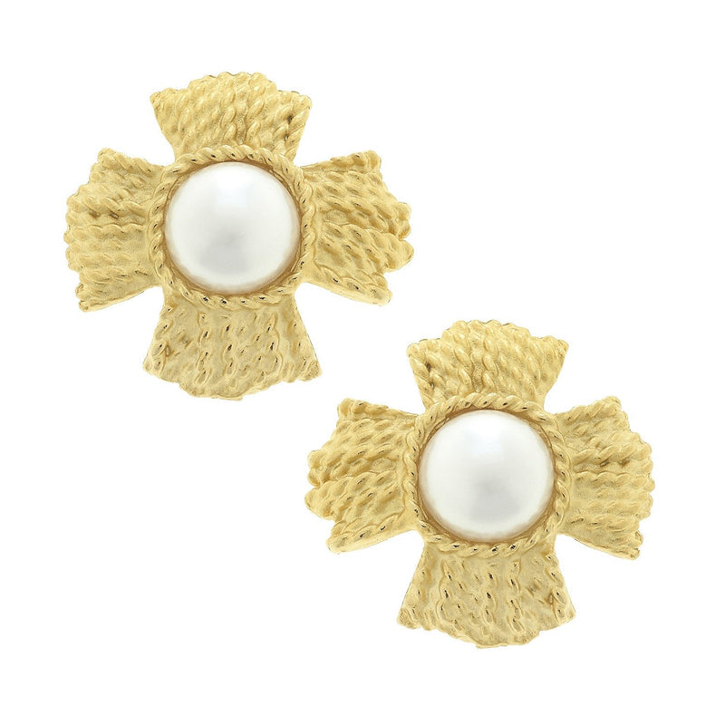 Earrings Stud Braided Cross Freshwater Pearl & Gold