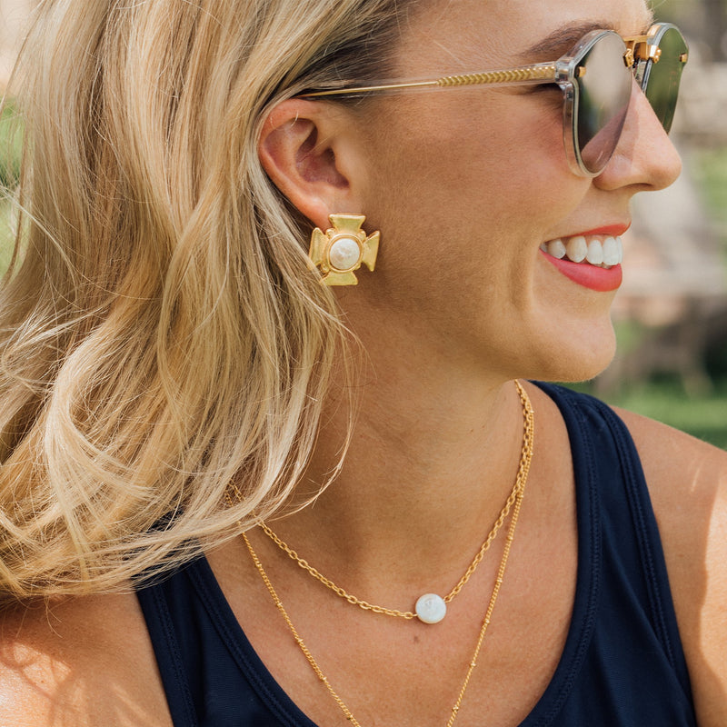 Earrings Stud Maltese Cross Pearl & Gold