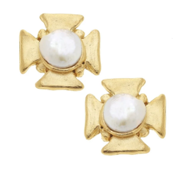 Earrings Stud Maltese Cross Pearl & Gold