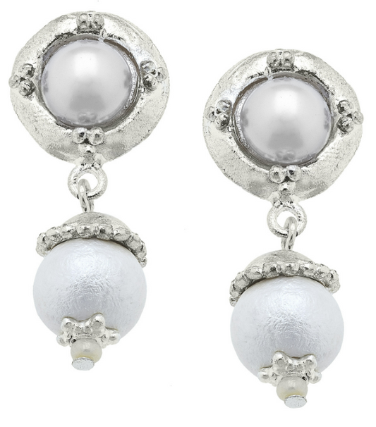 Earrings Drop Cab Cotton Pearl Small Silver