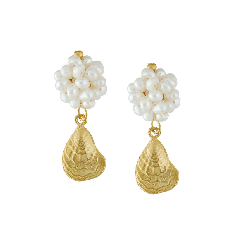 Earrings Drop Pearl Cluster Oyster & Gold