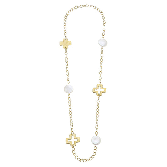 Necklace Coin Pearl & Cross Long Chain