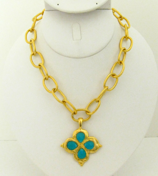 Necklace Gold Clover with Genuine Turquoise Quartz