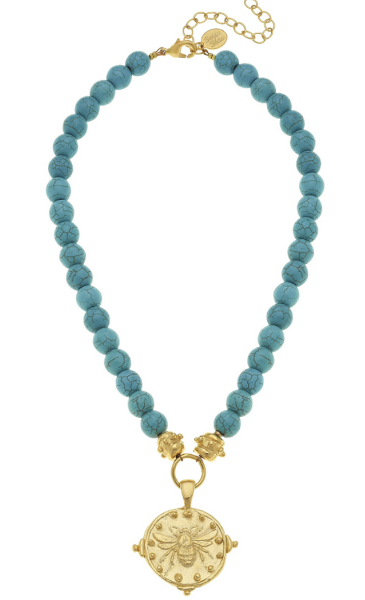 Necklace Gold Bee on Genuine Turquoise