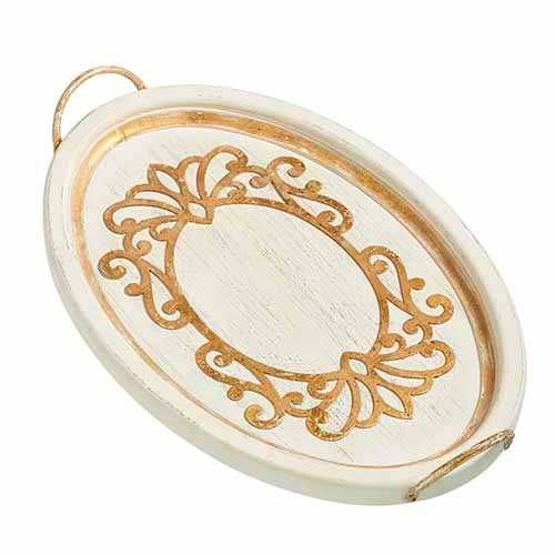 Tray Distressed White Scroll Gold