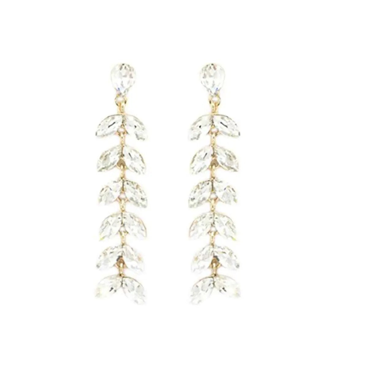 Earrings Drop Leaf Crystal Clear & Gold