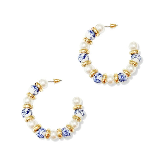 Earrings Hoop Chinoiserie Blue, Gold, & Pearl