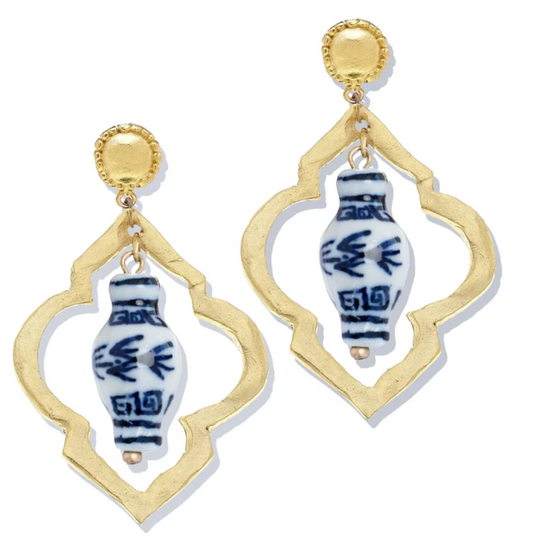 Earrings Drop Ginger Jar Statement Gold and Blue & White