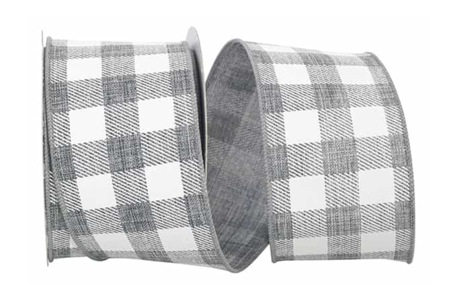 Ribbon Gingham Print Linen Grey 2.5"