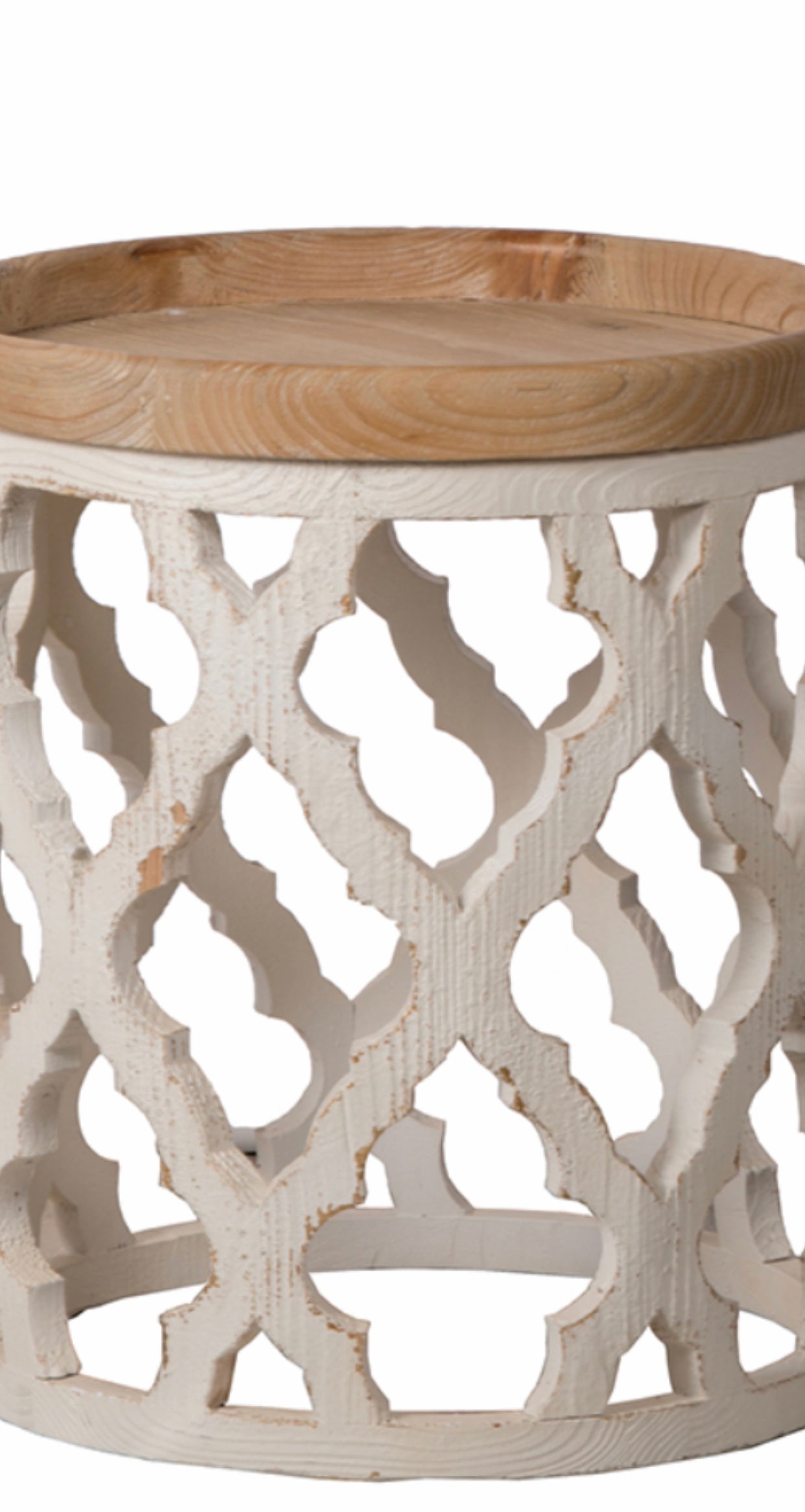 Side Table, Distressed White Wood Quatrefoil