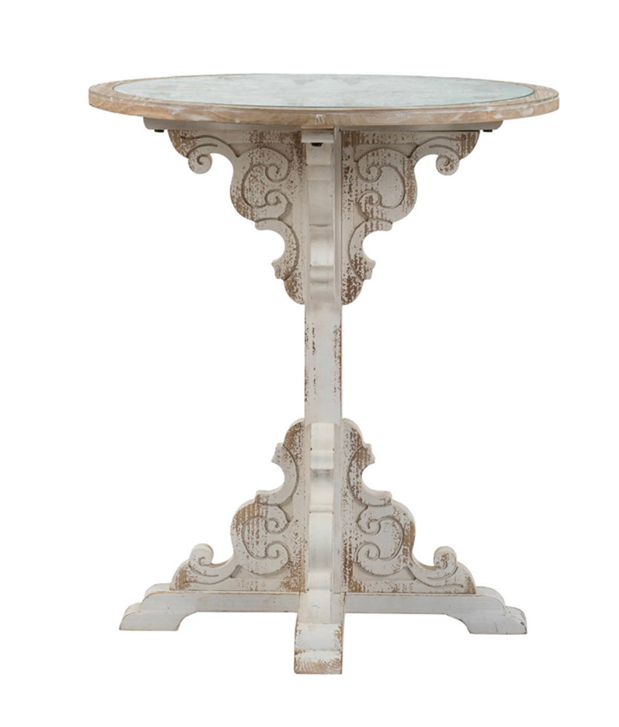 Table Pedestal Glass Top White Scroll Nellie