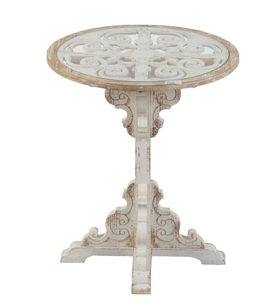 Table Pedestal Glass Top White Scroll Nellie