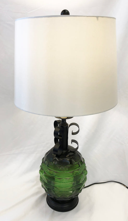 Vintage Green Glass & Black Iron Lamp