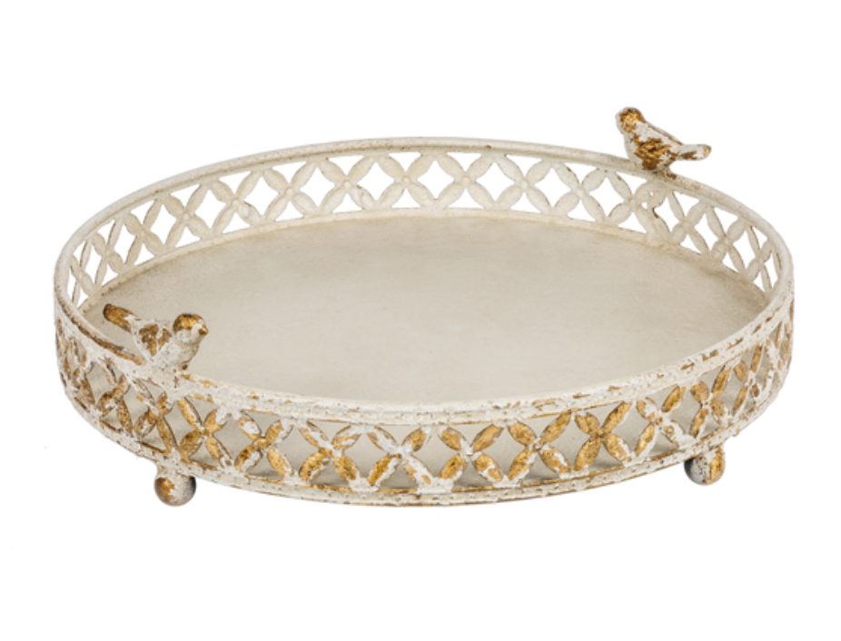 Ivory & Gold Round Distressed Tray with Bird