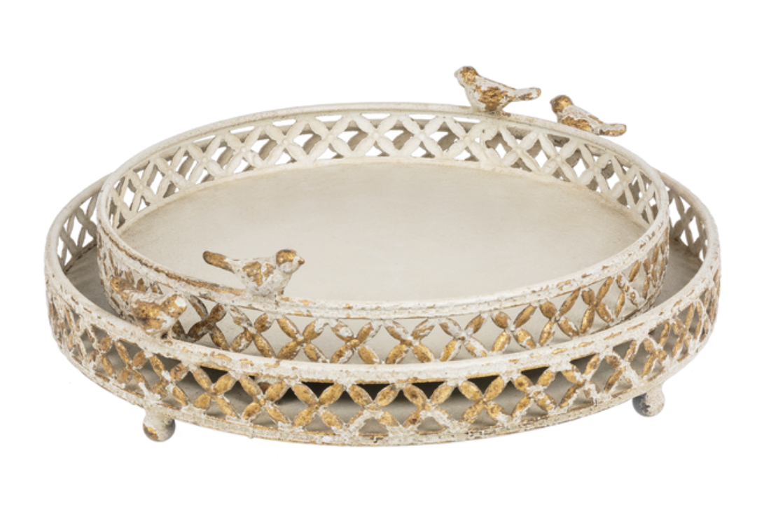 Ivory & Gold Round Distressed Tray with Bird