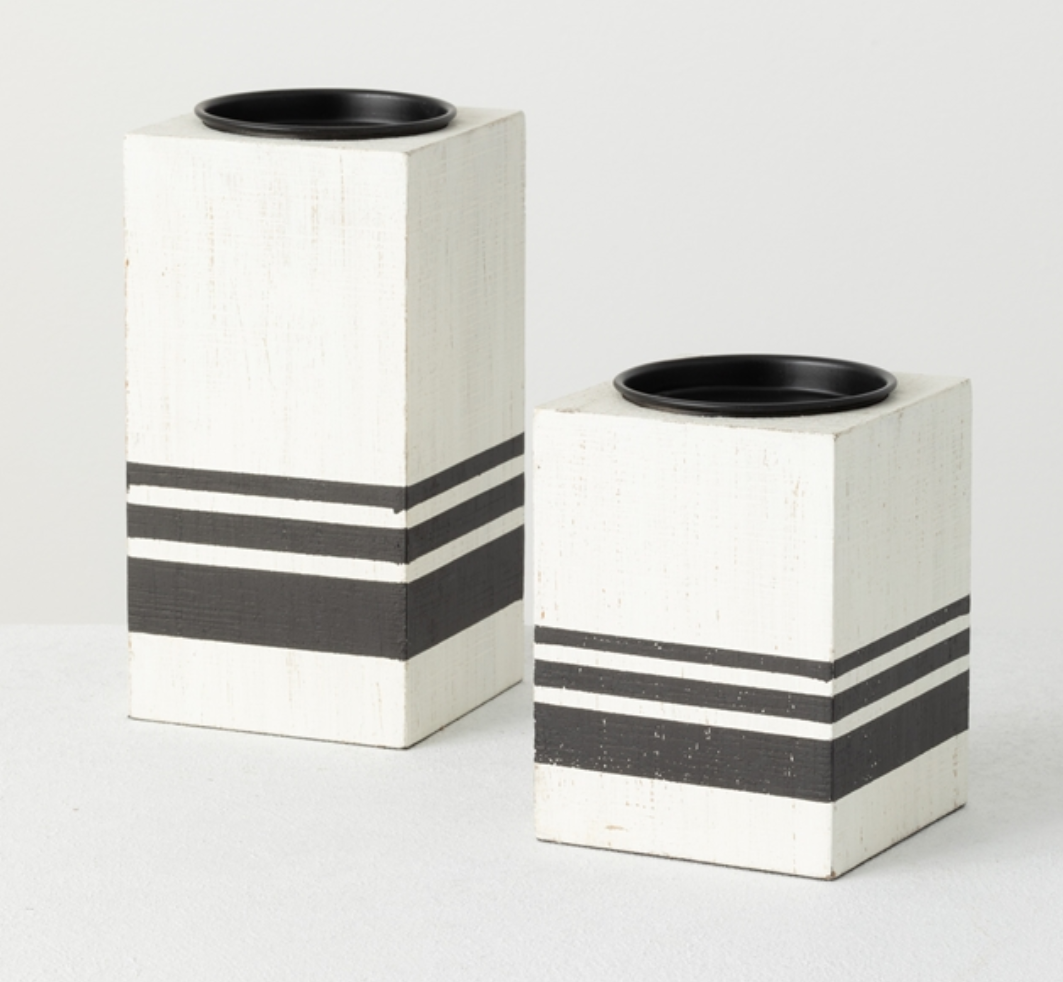 White with Black Stripe Square Pillar Candle Holder