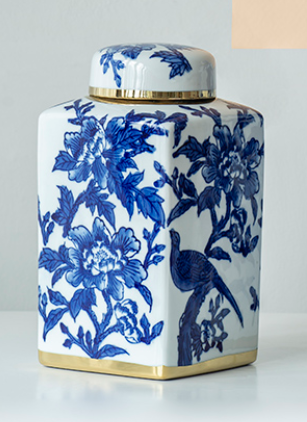 Ginger Jar Blue & White with Gold Square