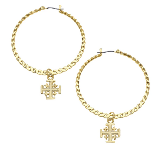 Earrings Drop Hoop Jerusalem Cross Gold