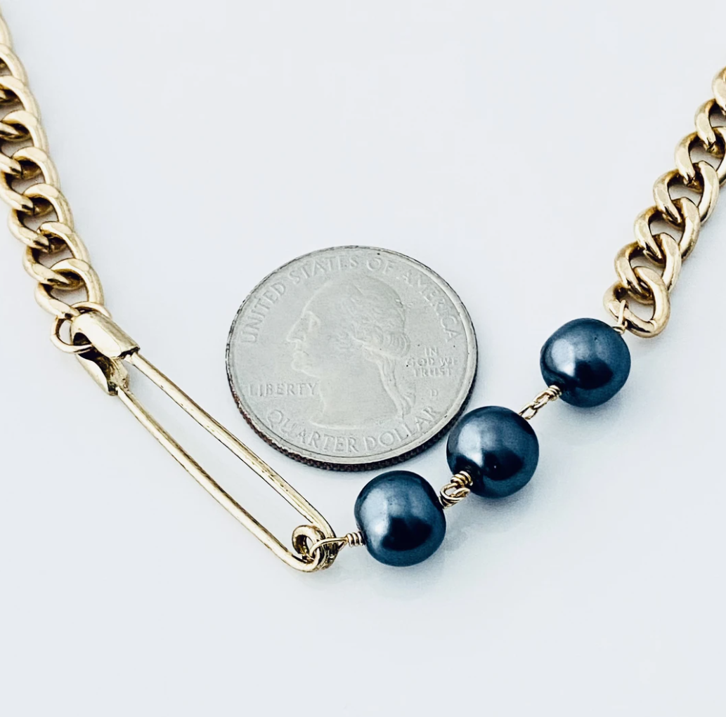 Black Pearl & Safety Pin Necklace