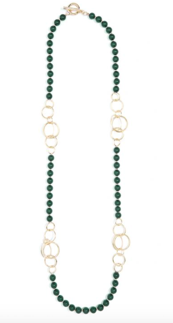 Necklace Bead with Gold Link Long Emerald Green & Gold