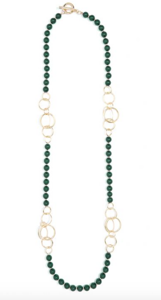 Necklace Bead with Gold Link Long Emerald Green & Gold