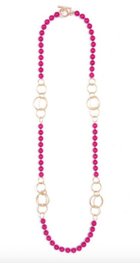 Necklace Bead with Gold Link Long Hot Pink & Gold