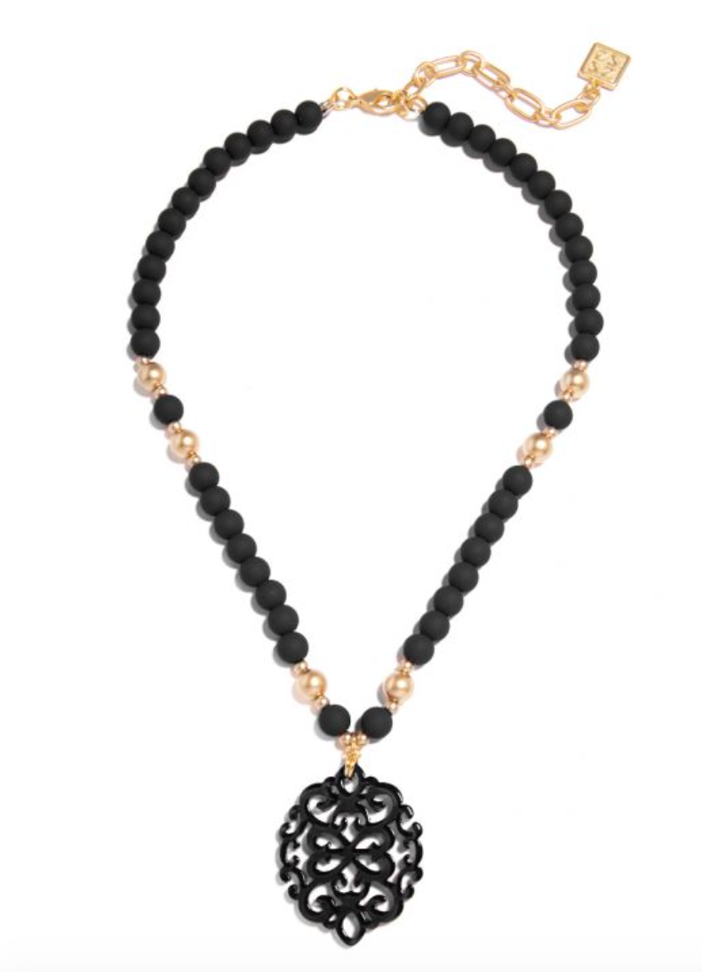 Necklace Beaded Pendant Damask Black