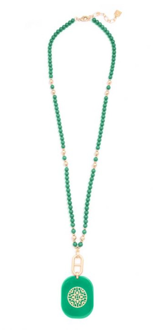 Necklace Beaded Heathered Pendant Long Green & Gold