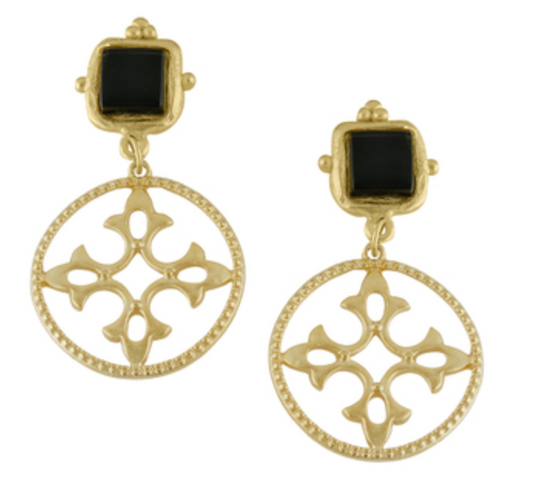 Earrings Drop Charlotte Quatre Fleur de Lis Onyx & Gold