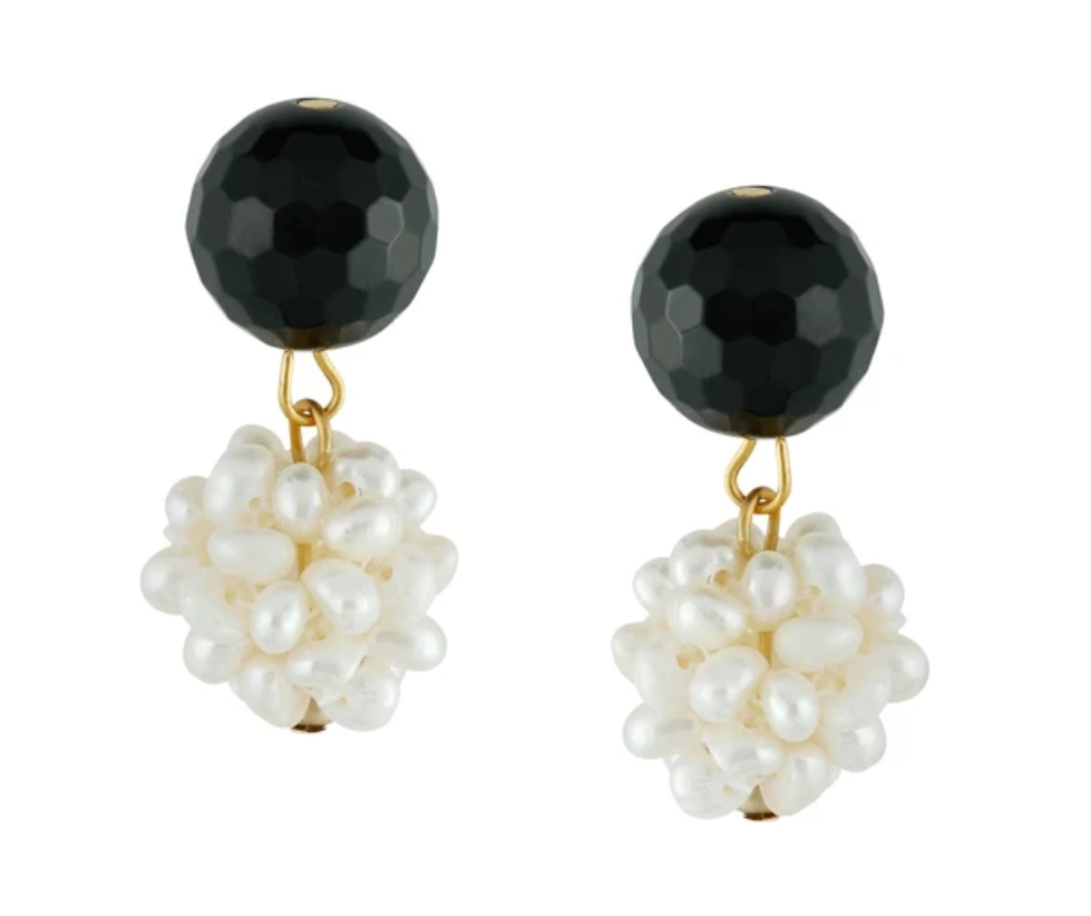 Earrings Drop Pearl Cluster & Onyx